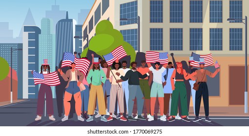 mix race people crowd holding usa flags celebrating 4th of july american independence day concept city street cityscape background full length horizontal vector illustration