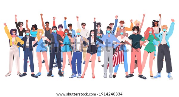 mix race people crowd in\
masks with raised up hands standing together labor day celebration\
coronavirus quarantine concept full length horizontal vector\
illustration