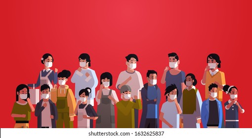 mix race people crowd in protective masks epidemic MERS-CoV stop coronavirus concept wuhan 2019-nCoV pandemic medical health risk portrait horizontal vector illustration