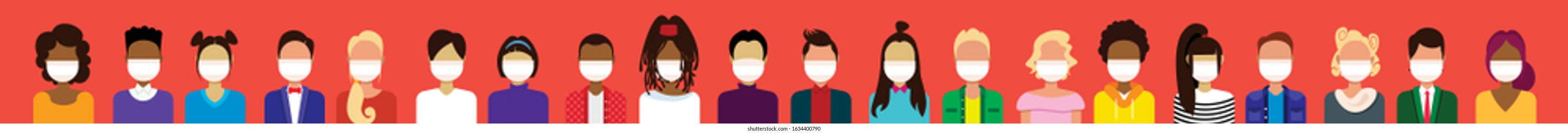 mix race people crowd in protective masks epidemic MERS-CoV stop coronavirus concept wuhan 2019-nCoV pandemic medical health risk portrait horizontal banner vector illustration