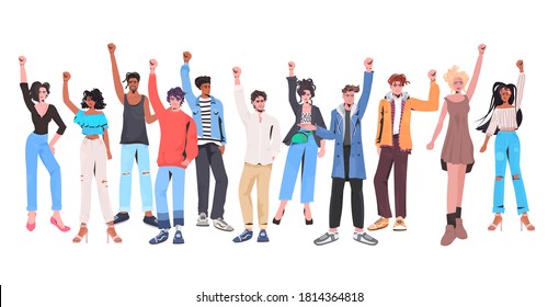 mix race people crowd with raised up hands standing together labor day celebration concept full length horizontal vector illustration