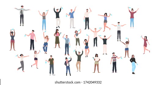 mix race people crowd taking off face masks celebrating victory over covid-19 coronavirus pandemic quarantine is ending horizontal full length vector illustration