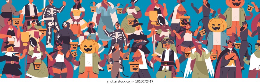 mix race people in different costumes celebrating happy halloween party concept cute men women standing together portrait horizontal vector illustration