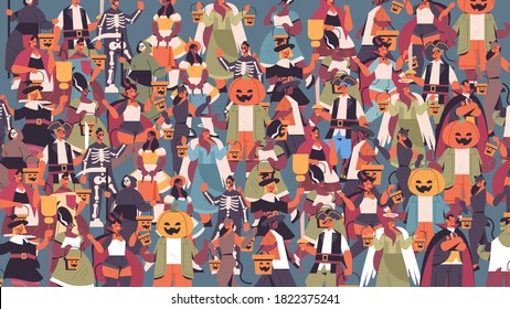 mix race people in different costumes celebrating happy halloween party concept cute men women standing together portrait horizontal vector illustration