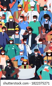 Mix Race People Of Different Occupations Standing Together Labor Day Celebration Concept Men Women Wearing Masks To Prevent Coronavirus Vertical Vector Illustration