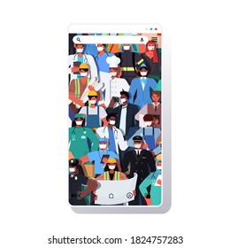 mix race people of different occupations standing together labor day celebration concept men women wearing masks to prevent coronavirus smartphone screen vector illustration