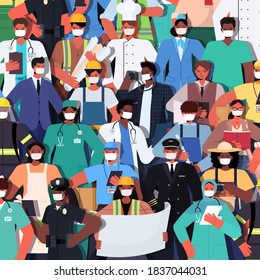 mix race people of different occupations standing together labor day celebration concept men women wearing masks to prevent coronavirus vector illustration