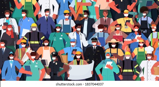 mix race people of different occupations standing together labor day celebration concept men women wearing masks to prevent coronavirus horizontal vector illustration