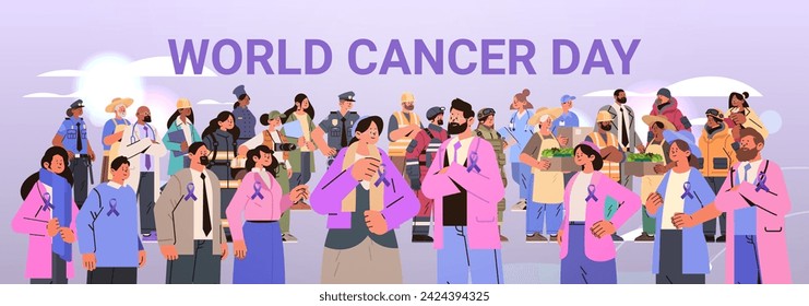 mix race people of different occupations standing together with purple ribbons world cancer day breast disease awareness prevention poster 4 february