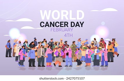 mix race people of different occupations standing together with purple ribbons world cancer day breast disease awareness prevention poster