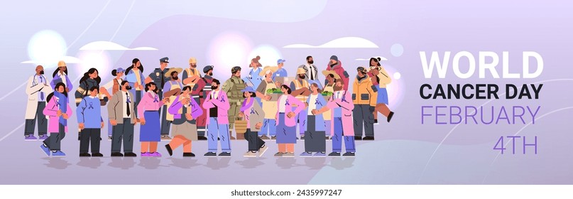 mix race people of different occupations standing together with purple ribbons world cancer day breast disease awareness prevention poster