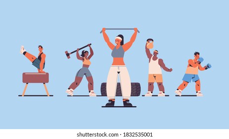 mix race people doing physical exercises working out in gym fitness training healthy lifestyle concept full length horizontal vector illustration