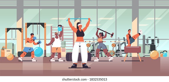 mix race people doing physical exercises working out fitness training healthy lifestyle concept modern gym studio interior full length horizontal vector illustration