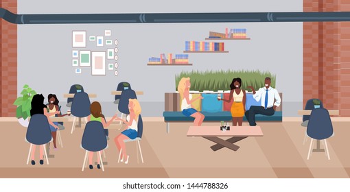mix race people drinking beverages friends sitting at cafe tables visitors spending time together modern restaurant interior flat horizontal full length