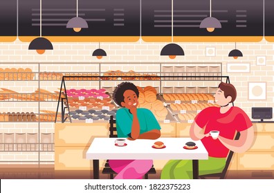 mix race people drinking coffe in bakery couple discussing during breakfast restaurant interior portrait horizontal vector illustration