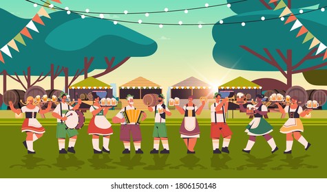 mix race people in face masks drinking beer and having fun Oktoberfest festival celebration concept landscape background full length horizontal vector illustration