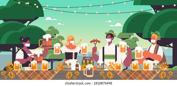 mix race people in face masks drinking beer Oktoberfest festival celebration concept landscape background portrait horizontal vector illustration