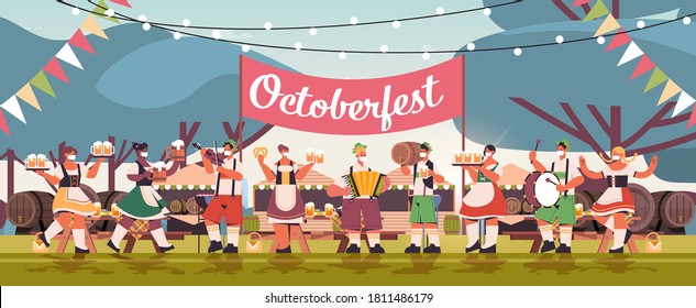 mix race people in face masks drinking beer and having fun Oktoberfest festival celebration concept landscape background full length horizontal vector illustration