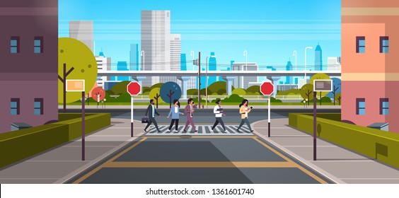 mix race people going crosswalk modern city street skyscraper downtown road urban cityscape background sunny day horizontal flat