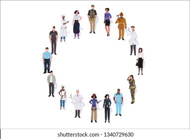 mix race people group different occupation standing together in circle male female workers full length horizontal banner flat white background