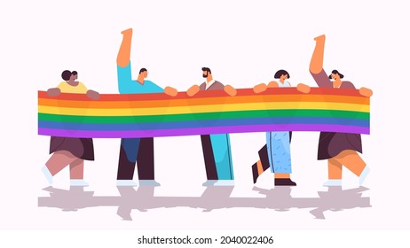 mix race people group holding lgbt rainbow flag gay lesbian love parade pride festival transgender love concept