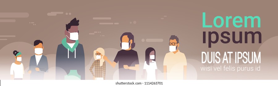 mix race people group in mask over smog nature air pollution city landscape atmosphere male female over grey background portrait copy space banner flat