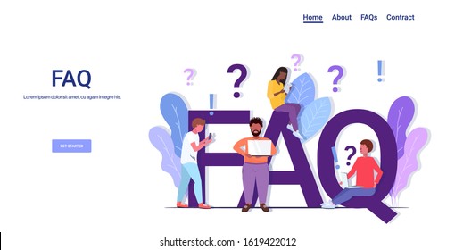 mix race people group with question exclamation marks using digital devices online support center frequently asked questions FAQ concept full length copy space horizontal vector illustration