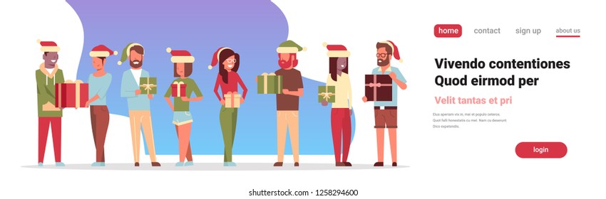 mix race people group standing together holding gift box present merry christmas happy new year concept flat isolated horizontal banner copy space