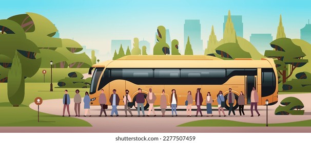 mix race people group standing near yellow bus urban transport traeling concept cityscape background