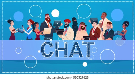 Mix Race People Group Using Gadgets Chat Social Network Communication Concept Flat Vector Illustration