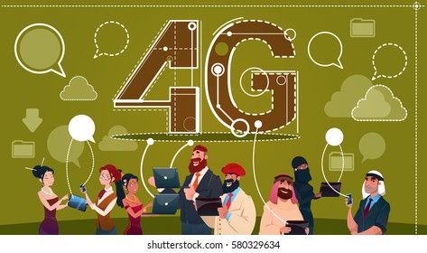 Mix Race People Group Using Gadgets Chat Social Network Communication 4g Internet Speed Concept Flat Vector Illustration