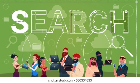 Mix Race People Group Using Gadgets Search Data Internet Concept Flat Vector Illustration
