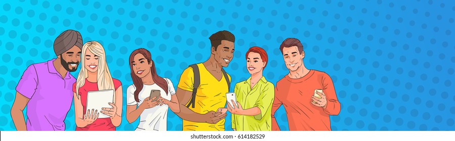 Mix Race People Group Using Cell Smart Phone Chatting Online Over Pop Art Colorful Retro Style Background Vector Illustration