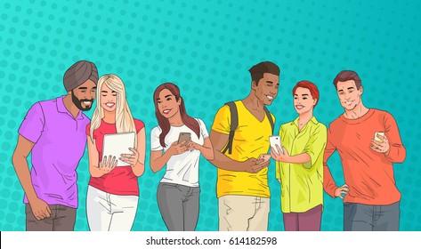 Mix Race People Group Using Cell Smart Phone Chatting Online Over Pop Art Colorful Retro Style Background Vector Illustration