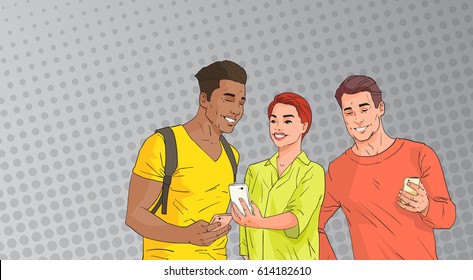 Mix Race People Group Using Cell Smart Phone Chatting Online Over Pop Art Colorful Retro Style Background Vector Illustration