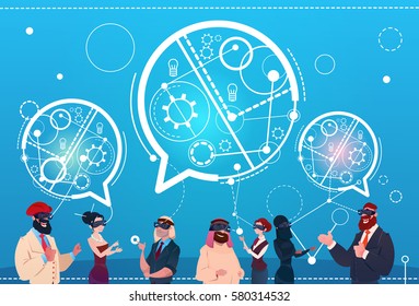 Mix Race People Group Wear Digital Reality Glasses Chat Bubbles Social Network Communication Concept Flat Vector Illustration