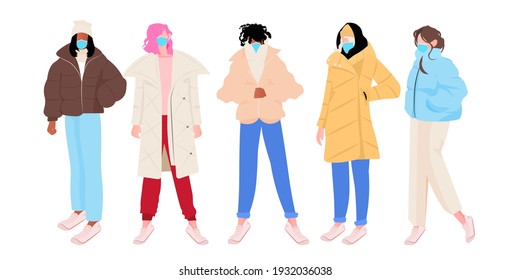 mix race people group wearing masks to prevent coronavirus pandemic men women in winter clothes standing together full length horizontal vector illustration