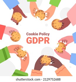 mix race people hands holding cookie protection of personal information internet web pop up we use cookies