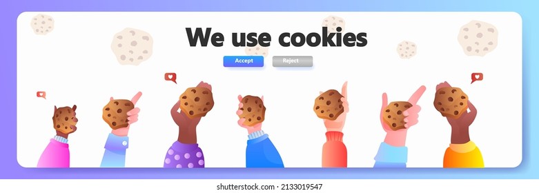 mix race people hands holding cookie protection of personal information internet web pop up we use cookies