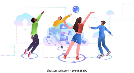 Mix-Rennen Menschen, die Spaß beim Online-Social-Media-Netzwerk Cloud-Synchronisierung von Daten haben