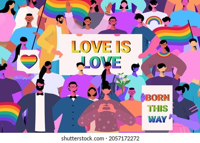 mix race people holding lgbt rainbow flags and placards gay lesbian love parade pride festival transgender love