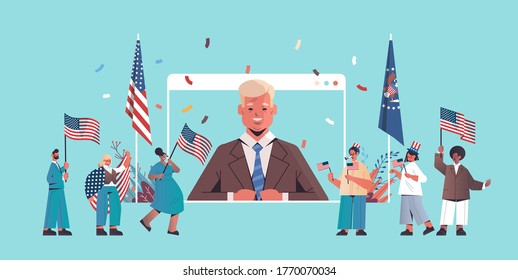 mix race people holding united states flags celebrating american independence day holiday 4th of july concept horizontal full length vector illustration