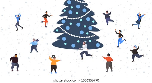 mix race people at ice-skating outdoor rink with decorated fir tree merry christmas new year holidays concept full length horizontal vector illustration