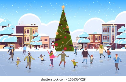 mix race people at ice-skating outdoor rink merry christmas new year winter holidays concept modern city street with decorated fir tree cityscape background full length flat horizontal vector