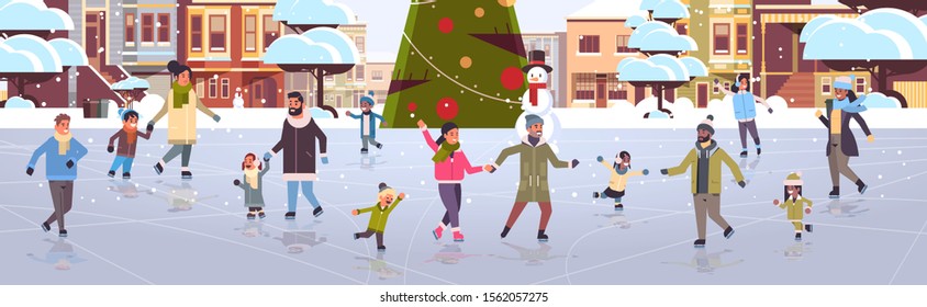 mix race people at ice-skating outdoor rink merry christmas new year winter holidays concept modern city street with decorated fir tree cityscape background full length flat horizontal vector