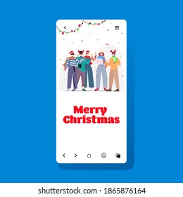 mix race people in masks celebrating new year christmas holidays coronavirus quarantine concept smartphone screen full length vector illustration