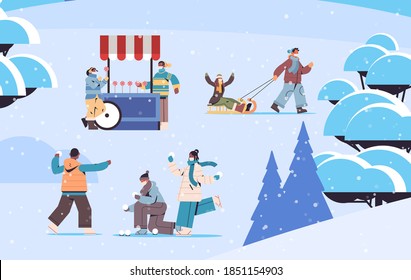 mix race people in masks having winter fun men women spending time in park outdoors activities coronavirus quarantine concept full length horizontal vector illustration