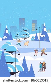 mix race people in masks having winter fun men women spending time in park outdoors activities coronavirus quarantine concept cityscape background full length vertical vector illustration