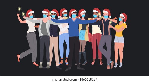 mix race people in masks holding sparklers new year christmas holidays celebration coronavirus quarantine concept full length horizontal vector illustration