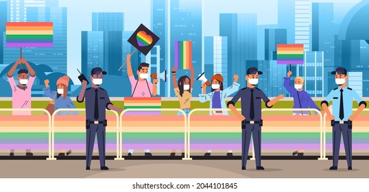 mix race people in masks with LGBT placards on lesbian gay pride festival transgender love LGBT community concept